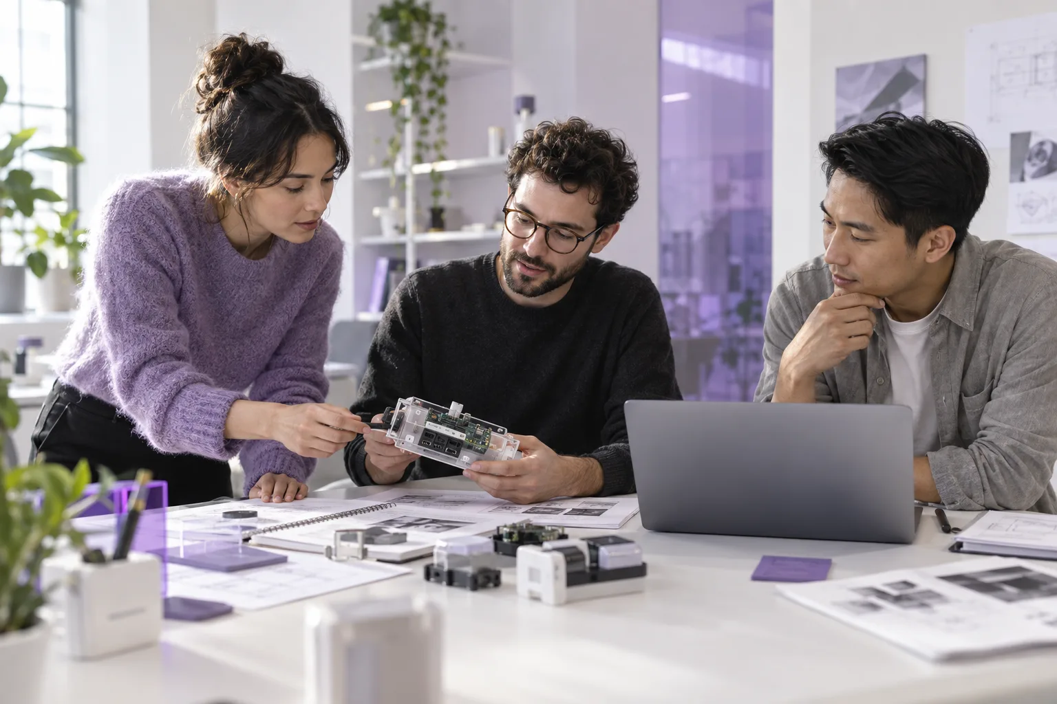 Equipe analisando um protótipo e materiais de pesquisa
