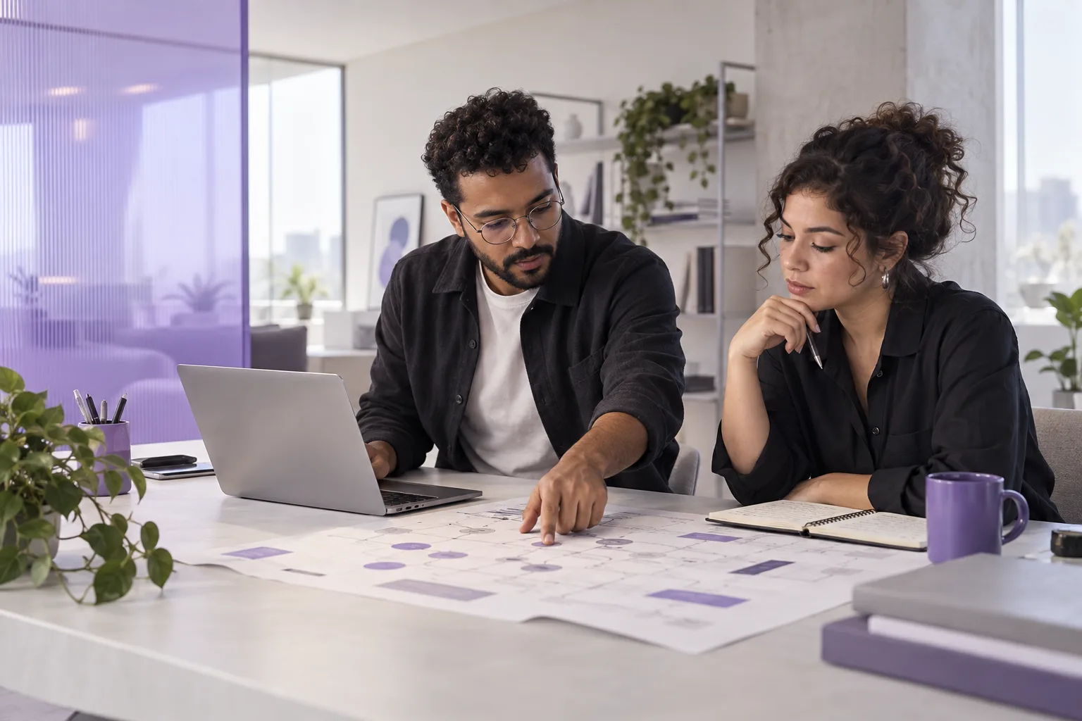 Duas pessoas colaborando na definição de um sistema